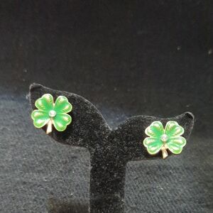 Gold Tone Green Enamel Clear Rhinestone Lucky Four Leaf Clover Stud Earrings